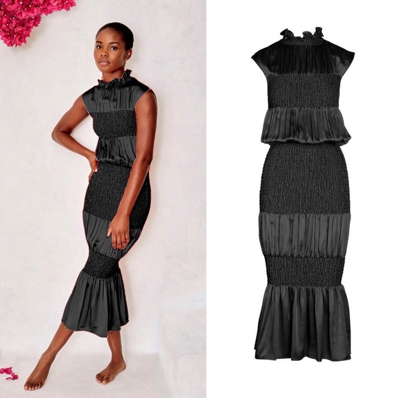 MARYSIA RESORT Lesbos 100% Silk Smocked Midi Dress in Black - Picture 4 of 10